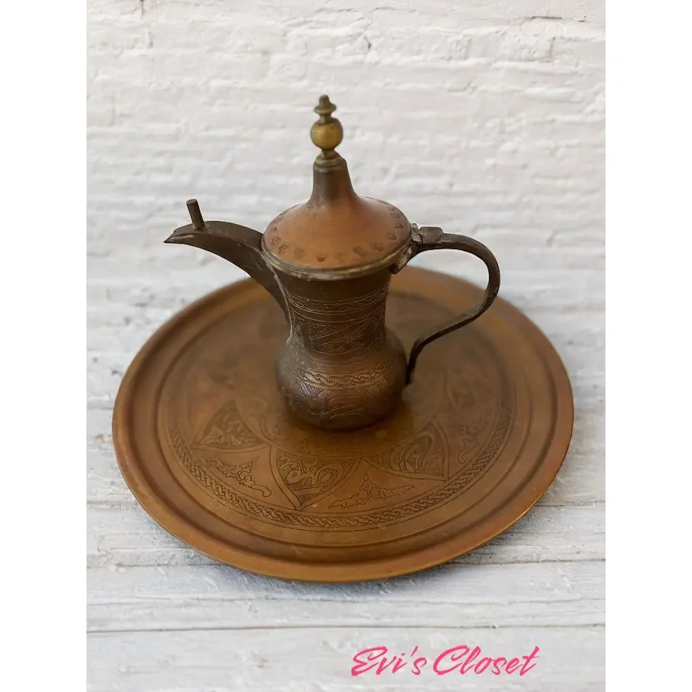 Copper Dallah Coffee Pot Maker And Serving Plate Middle Eastern Moroccan